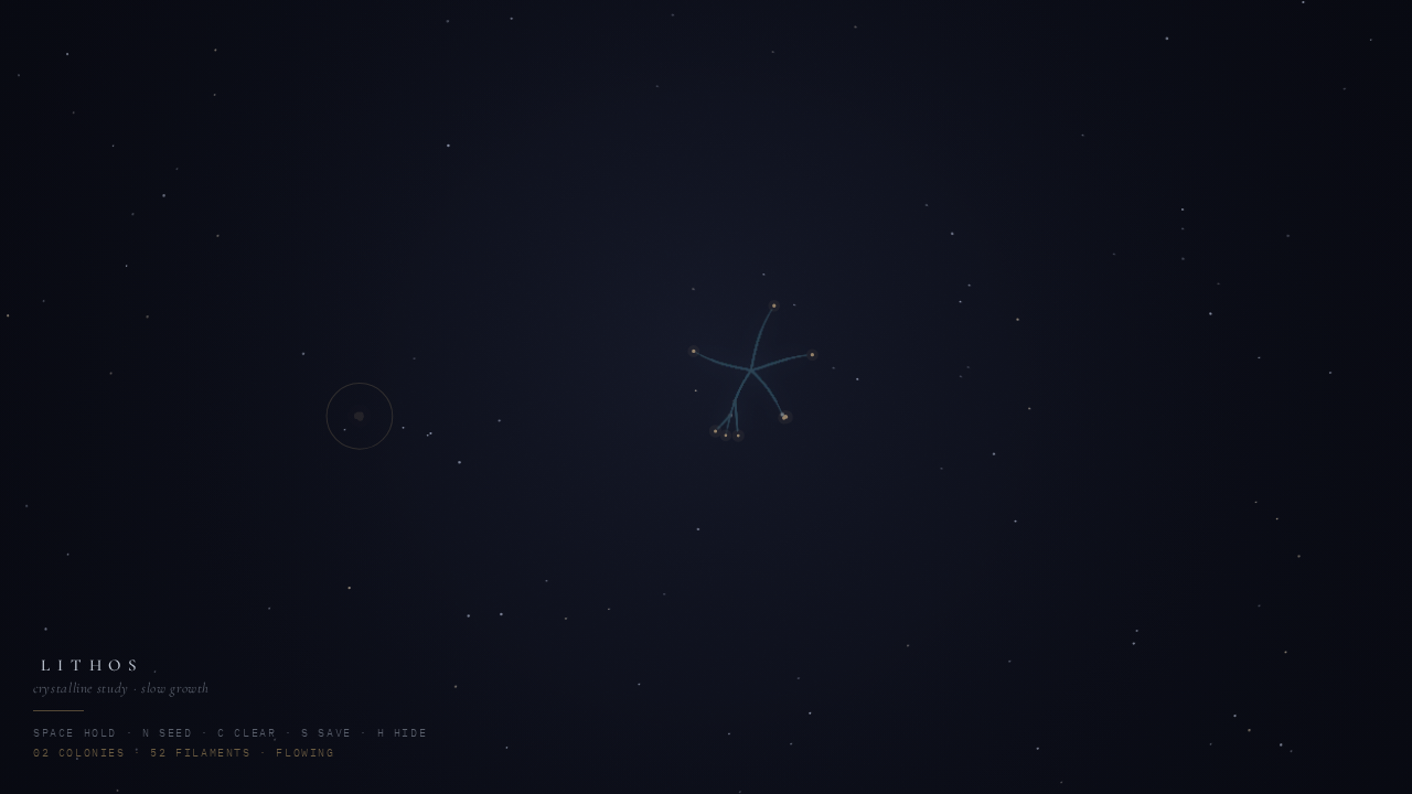 Lithos at five seconds: a six-fold teal lattice with gold tips on a dark indigo field, HUD bottom-left