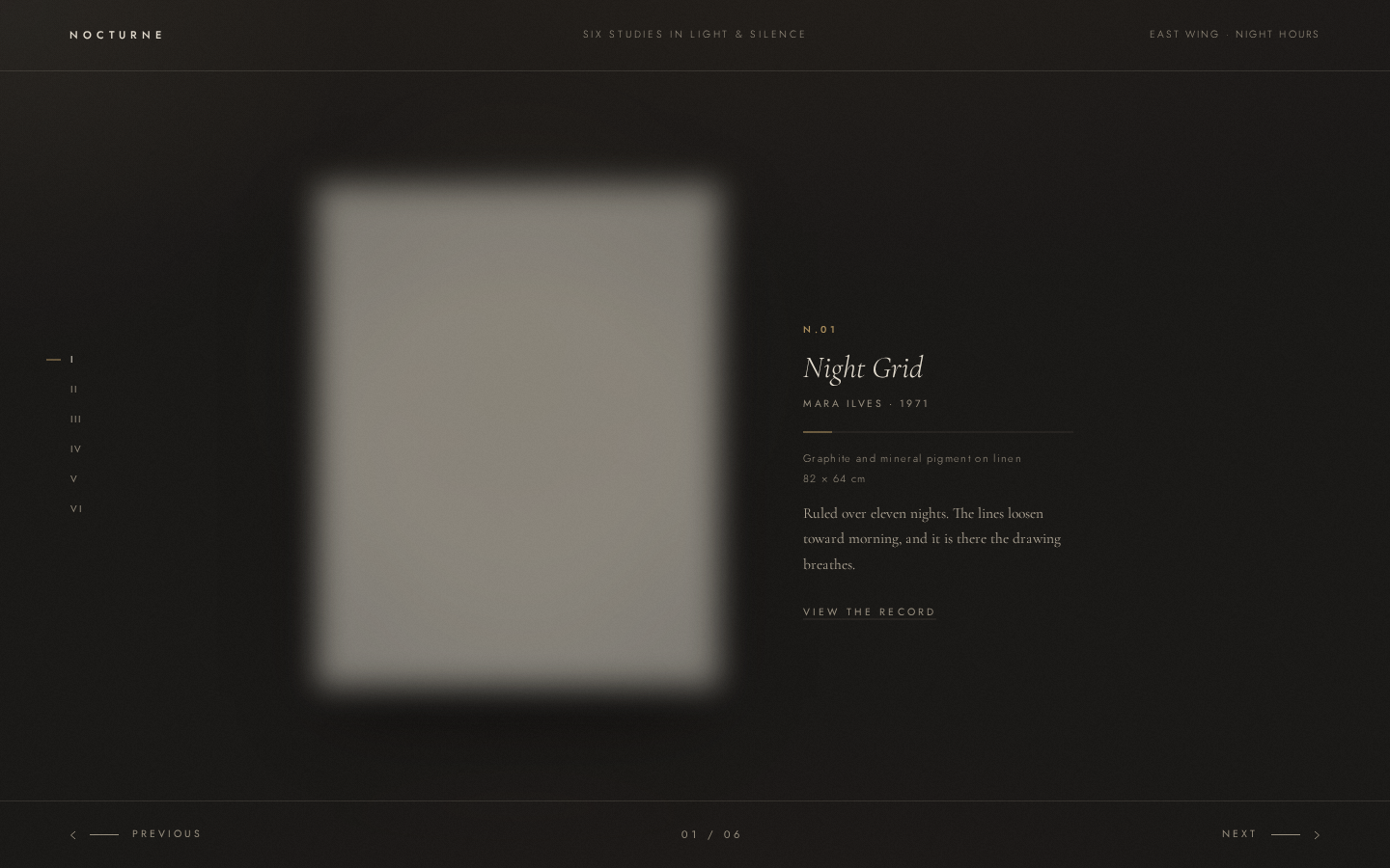 Nocturne: charcoal room, roman index I–VI, plaque for Night Grid by Mara Ilves, framed work still in boot blur