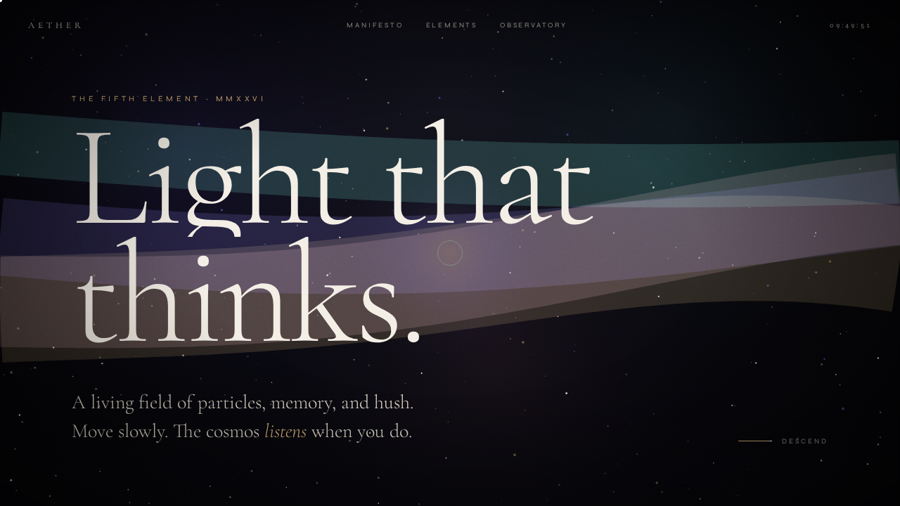 AETHER at five seconds: 'Light that thinks.' over aurora ribbons and a star field, Manifesto / Elements / Observatory nav