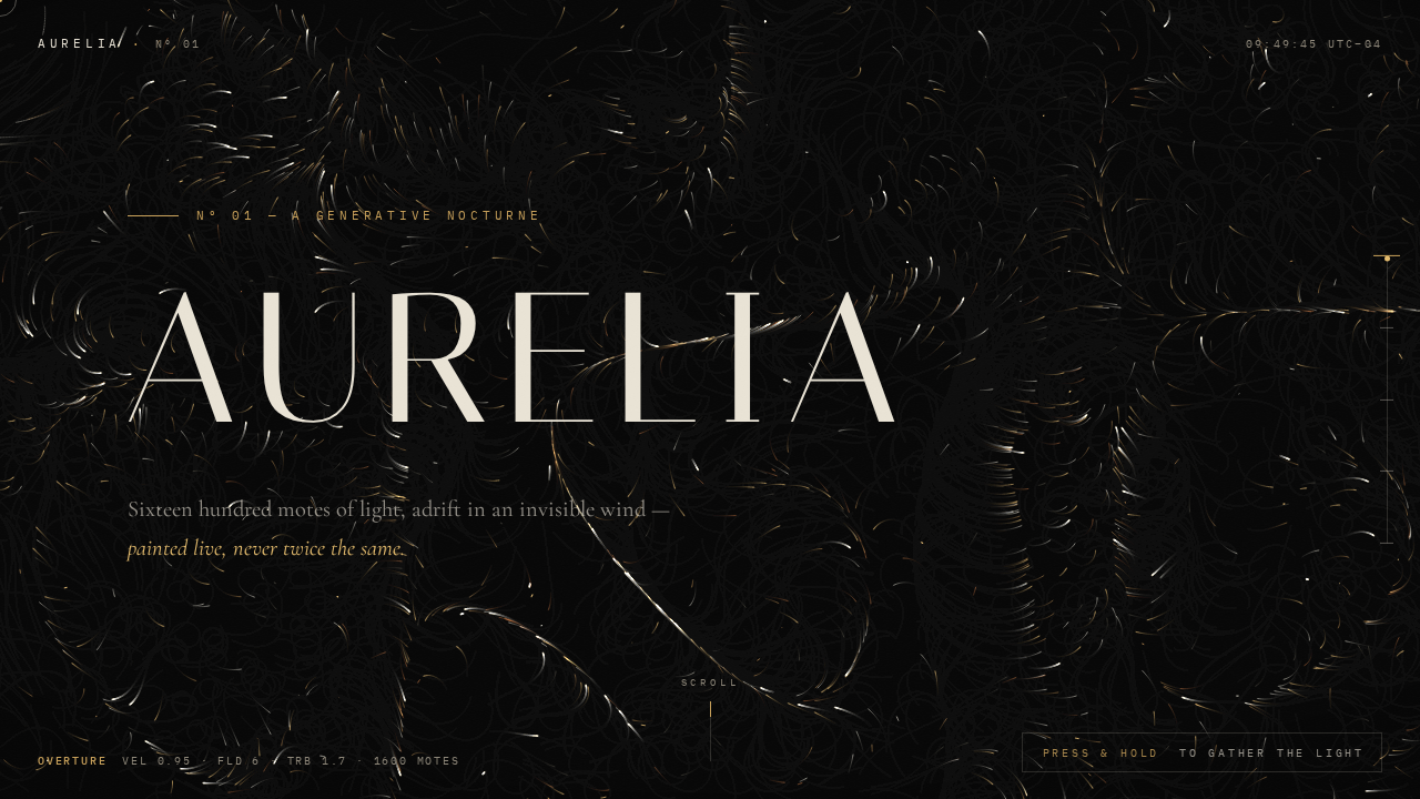 AURELIA at five seconds: ivory display title on a black field of gold filament motes, UTC clock, movement readout
