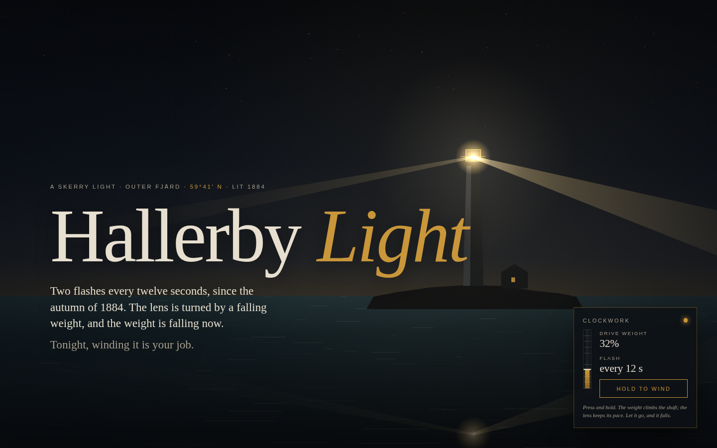 Hallerby Light: soot sky, cream display type, brass italic on Light, twin beams from a skerry tower, clockwork panel at 32% / every 12 s