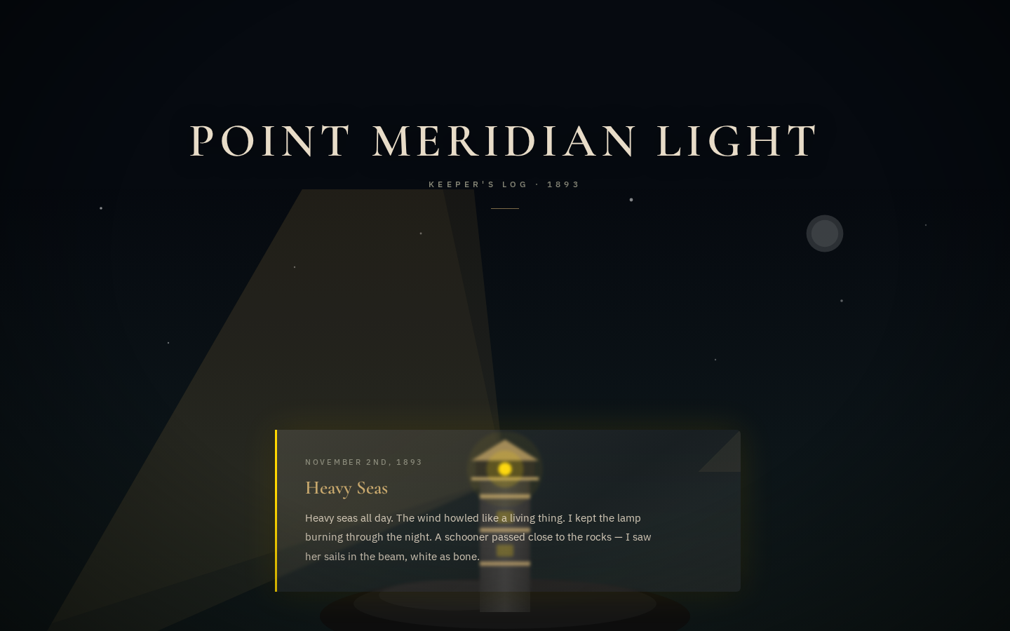 Point Meridian Light: cream uppercase title, Keeper's Log 1893, flat gold beam, Heavy Seas card over a banded SVG lighthouse