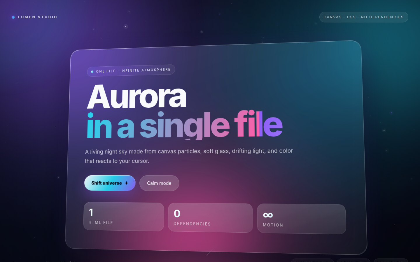 Lumen at five seconds: LUMEN STUDIO masthead, glass hero, Aurora in a single file, Shift universe / Calm mode, 1 / 0 / ∞ stats