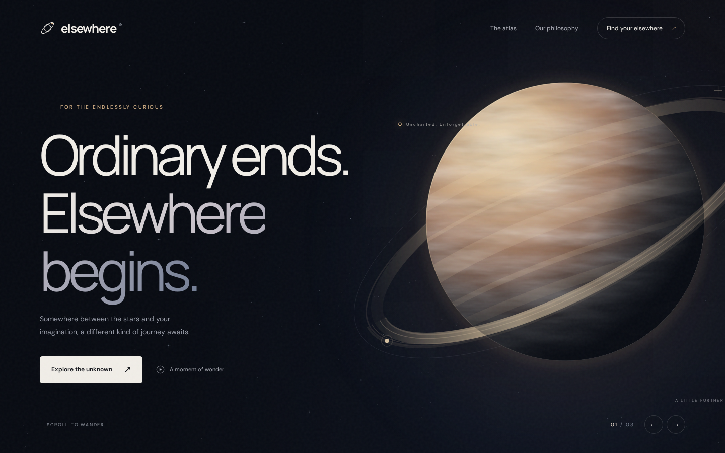 Elsewhere at five seconds: elsewhere® masthead, Ordinary ends. Elsewhere begins., ringed planet, Explore the unknown