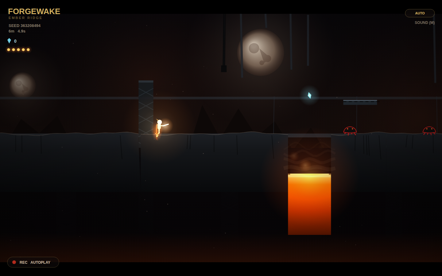 FORGEWAKE at five seconds: gold FORGEWAKE / EMBER RIDGE HUD, seed, 6m 4.9s, AUTO pill, gold-white runner, magma pit, two red crawlers, REC AUTOPLAY