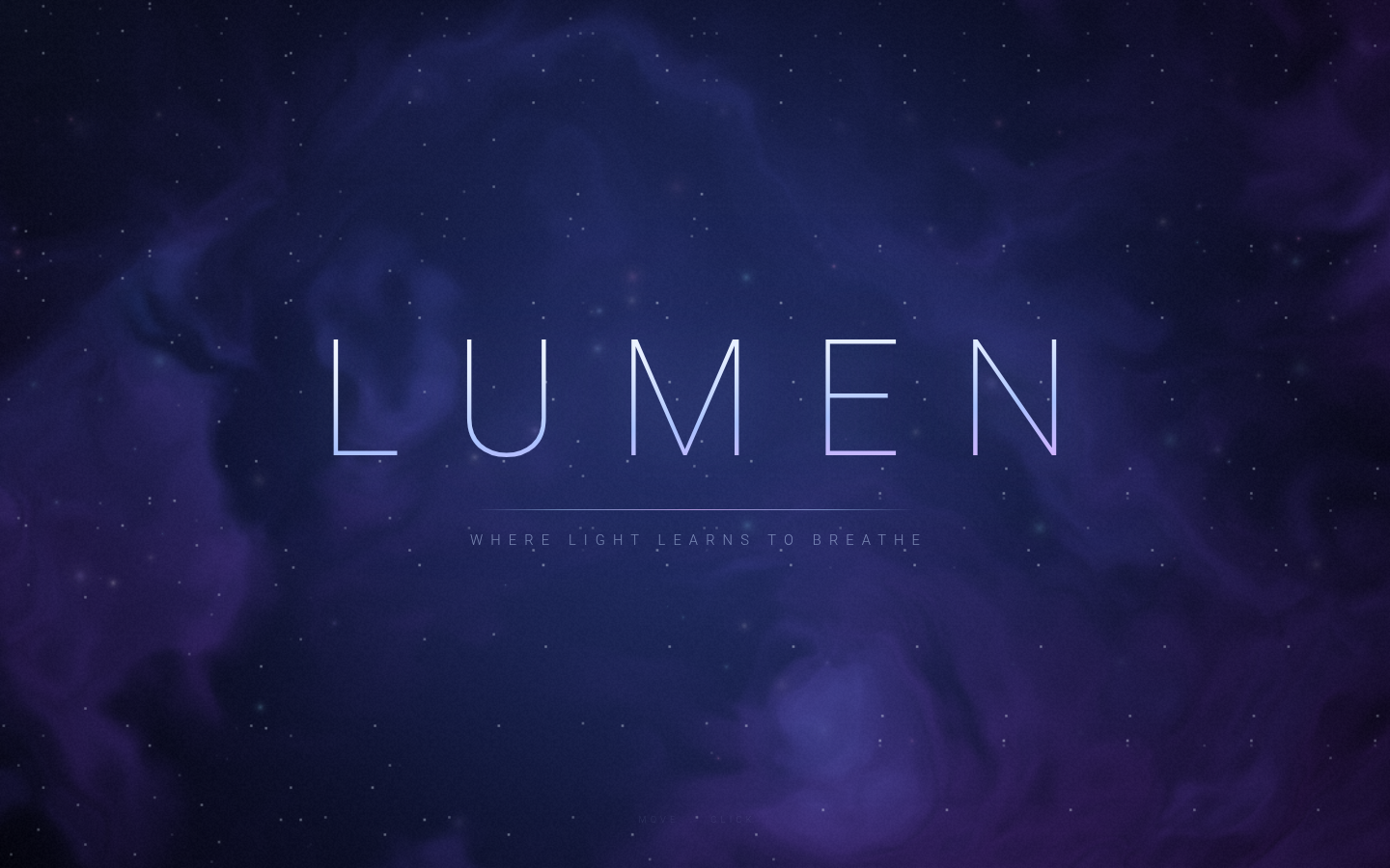 LUMEN at five seconds: centered LUMEN wordmark, rule, WHERE LIGHT LEARNS TO BREATHE, indigo-violet nebula and star motes