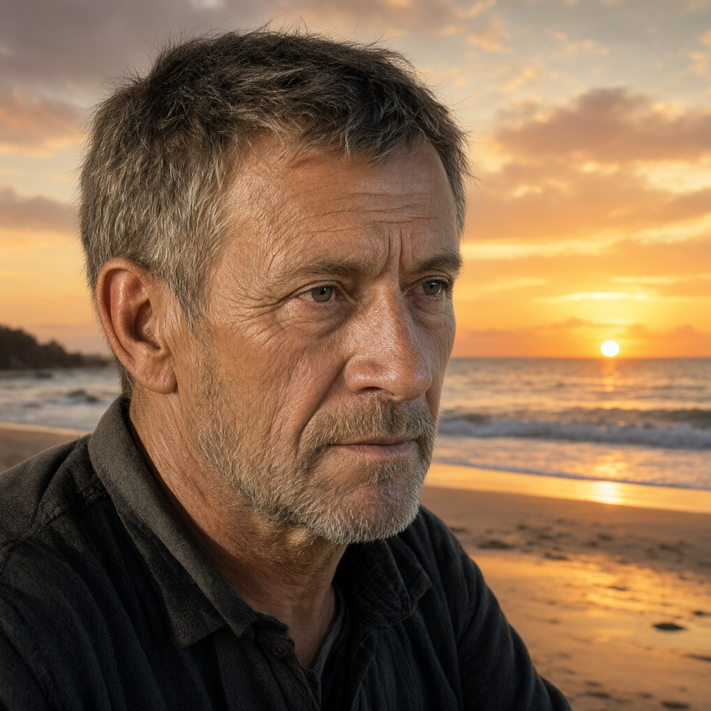 Same man, sunset beach background