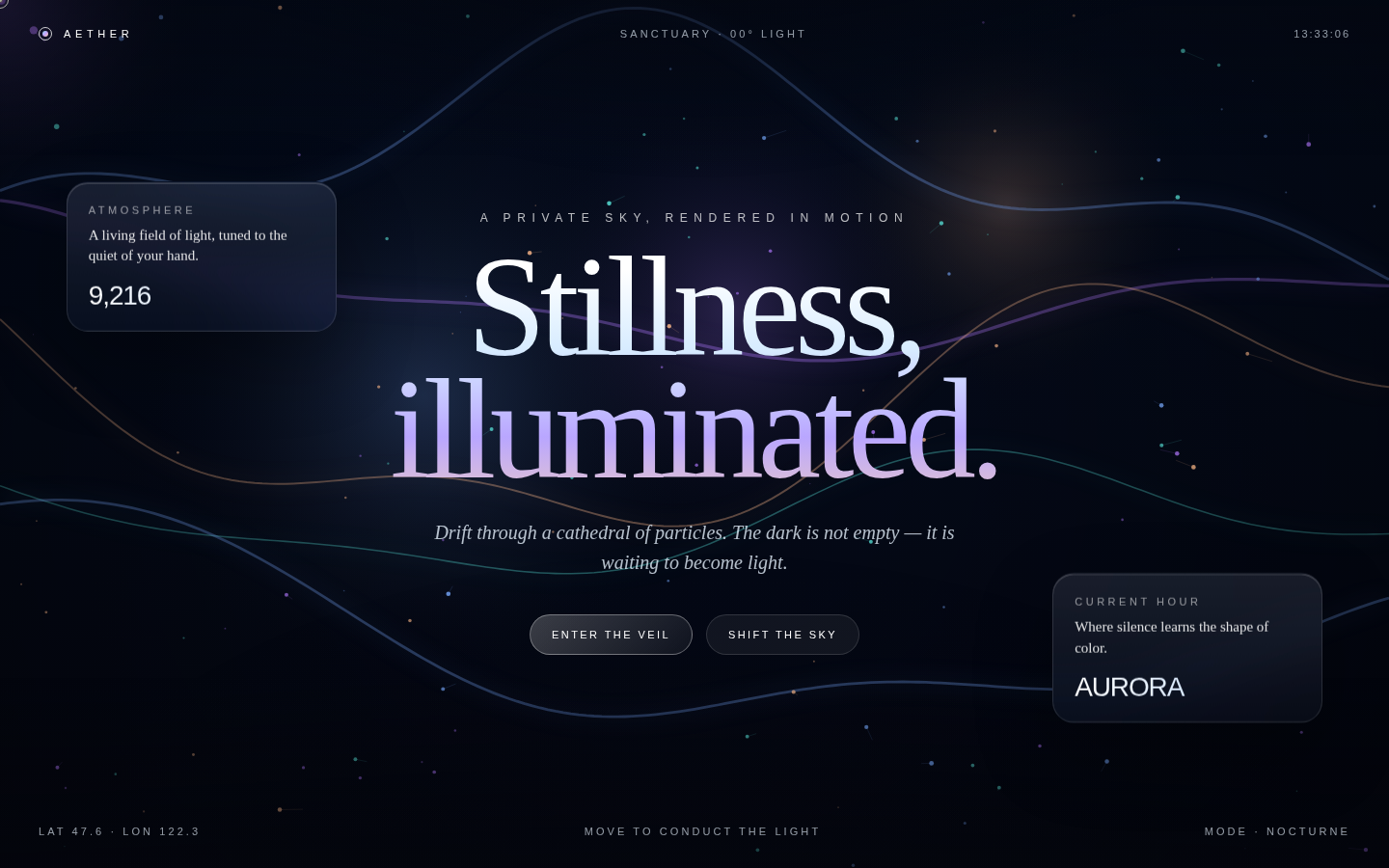 AETHER at five seconds: Stillness, illuminated. over dark aurora ribbons, ATMOSPHERE 9,216, ENTER THE VEIL / SHIFT THE SKY, CURRENT HOUR AURORA