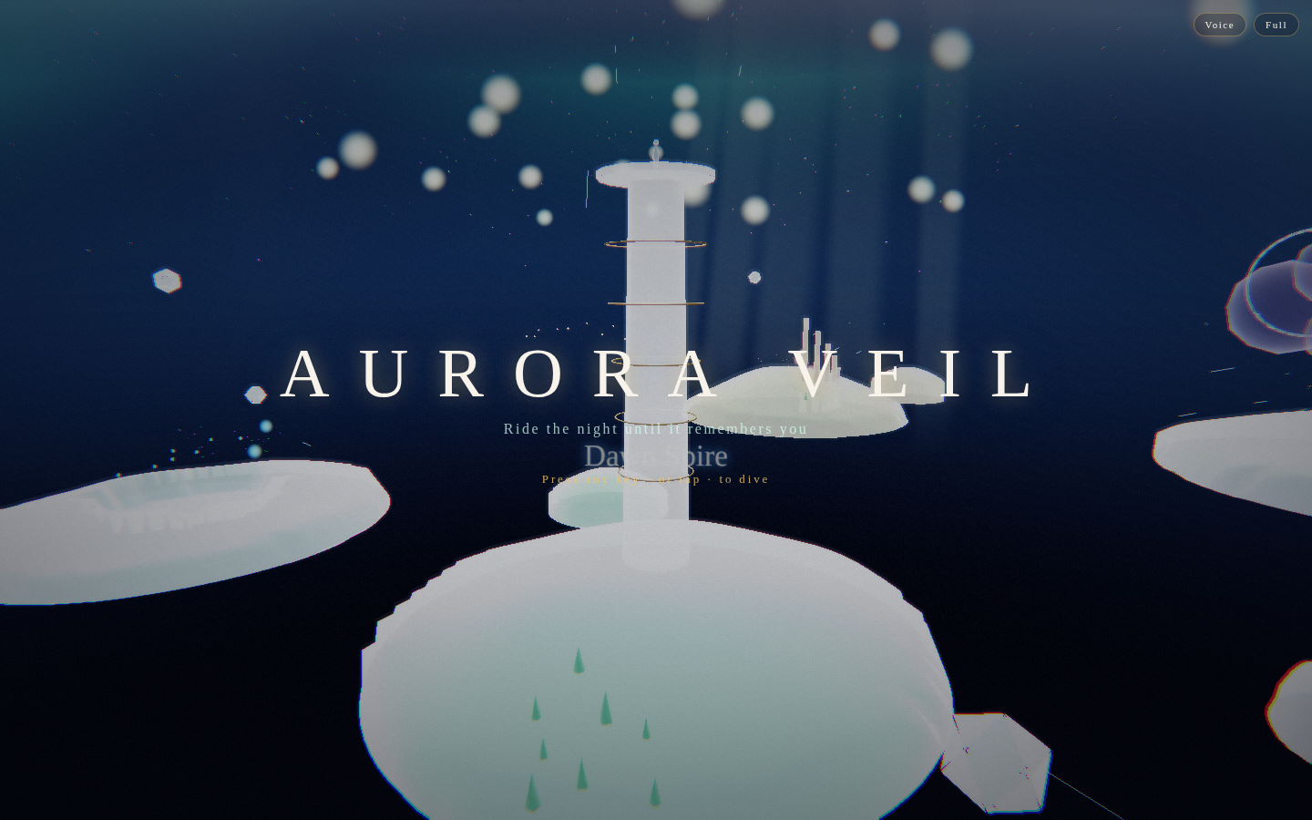 AURORA VEIL title over pale glass islands and a white spire, Voice and Full buttons