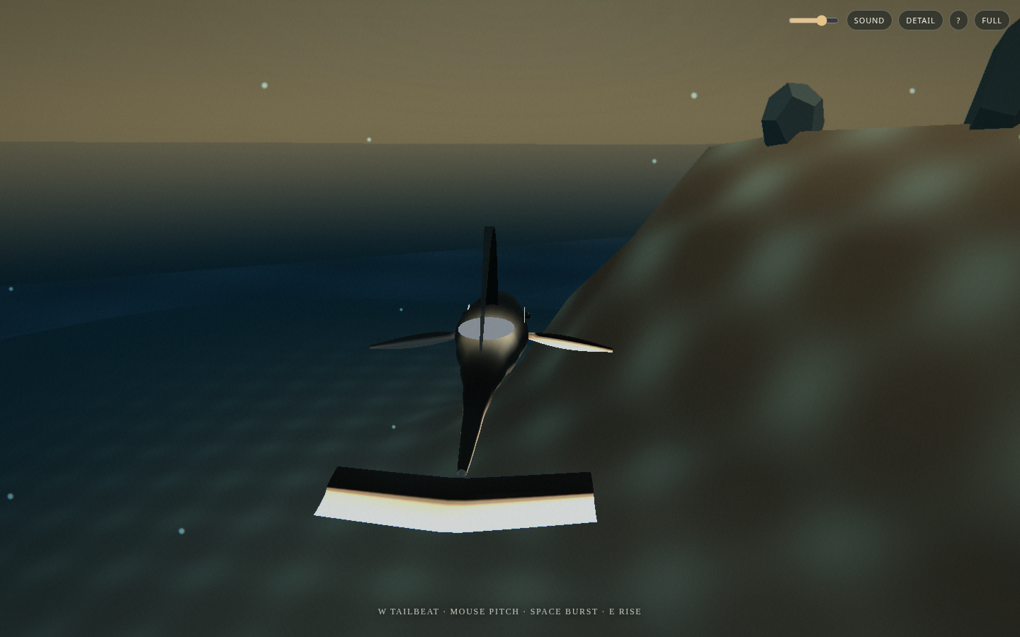 ORCA WAKE turn 3: black orca with white face patch, pecs, dorsal, pale fluke bar, hillside and open water