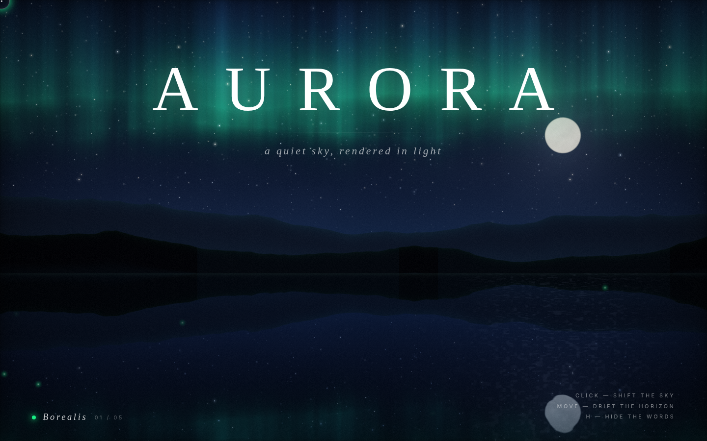 AURORA at five seconds: spaced AURORA wordmark over green curtains, a quiet sky, rendered in light, pale moon, ridge and lake, Borealis 01 / 05