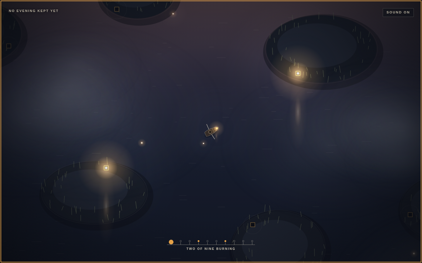 Merrow Cut in play: top-down boat on dark water, lamps on islands, HUD two of nine burning