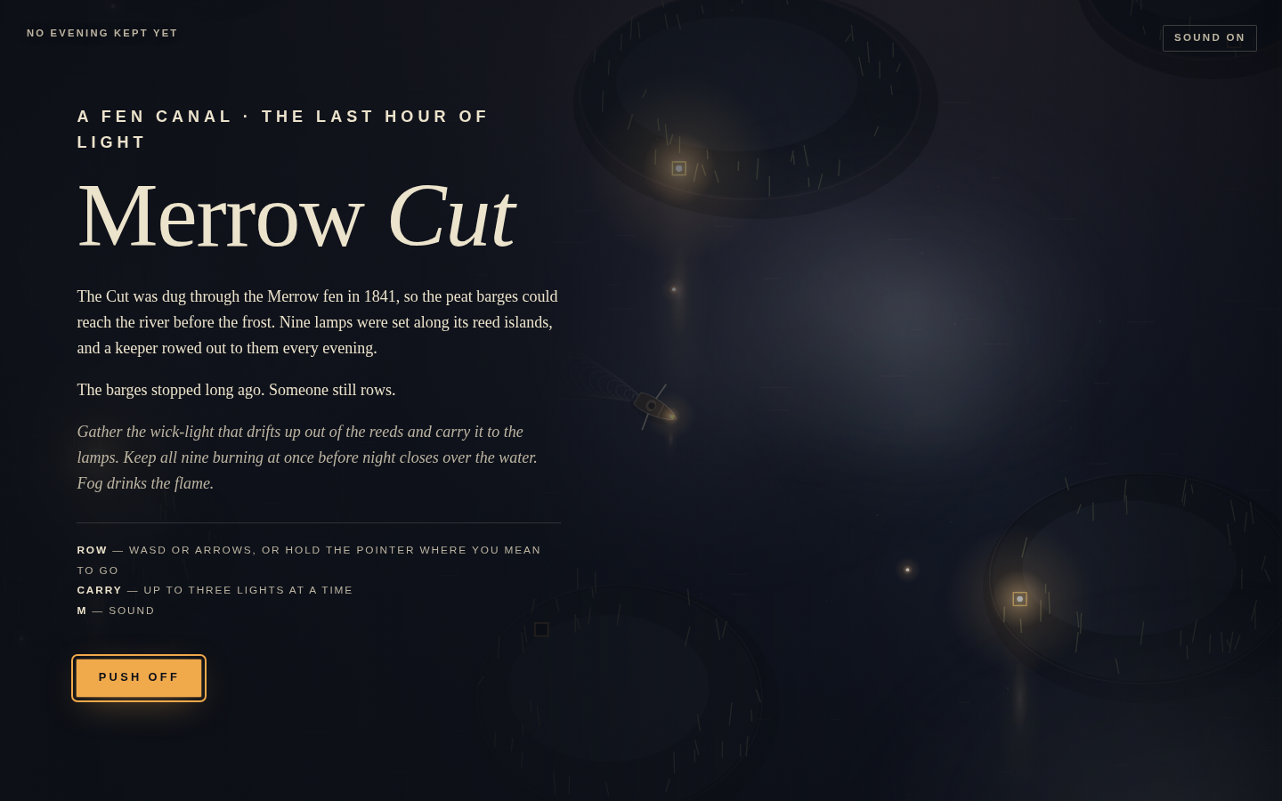 Merrow Cut title: cream serif on soot, Push off in flame, circular reed islands and a small boat on dark water