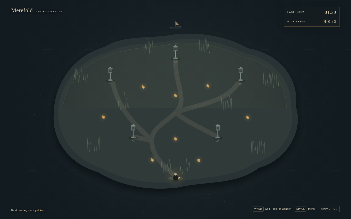 Merefold in play: oval marsh, five numbered lamps, Last light 01:30, wick-seeds 0 / 5