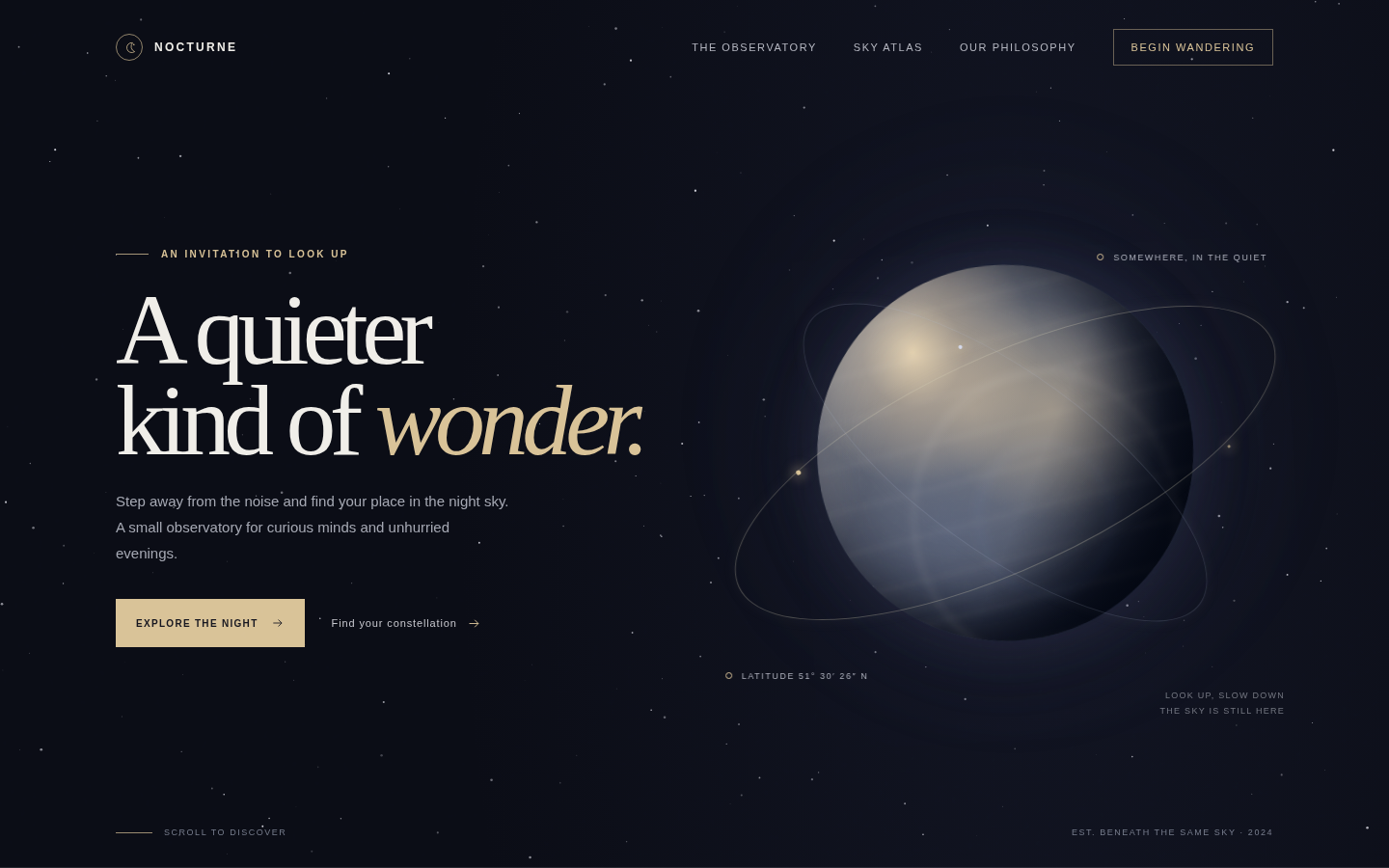 NOCTURNE at five seconds: NOCTURNE masthead, A quieter kind of wonder, ringed planet, EXPLORE THE NIGHT