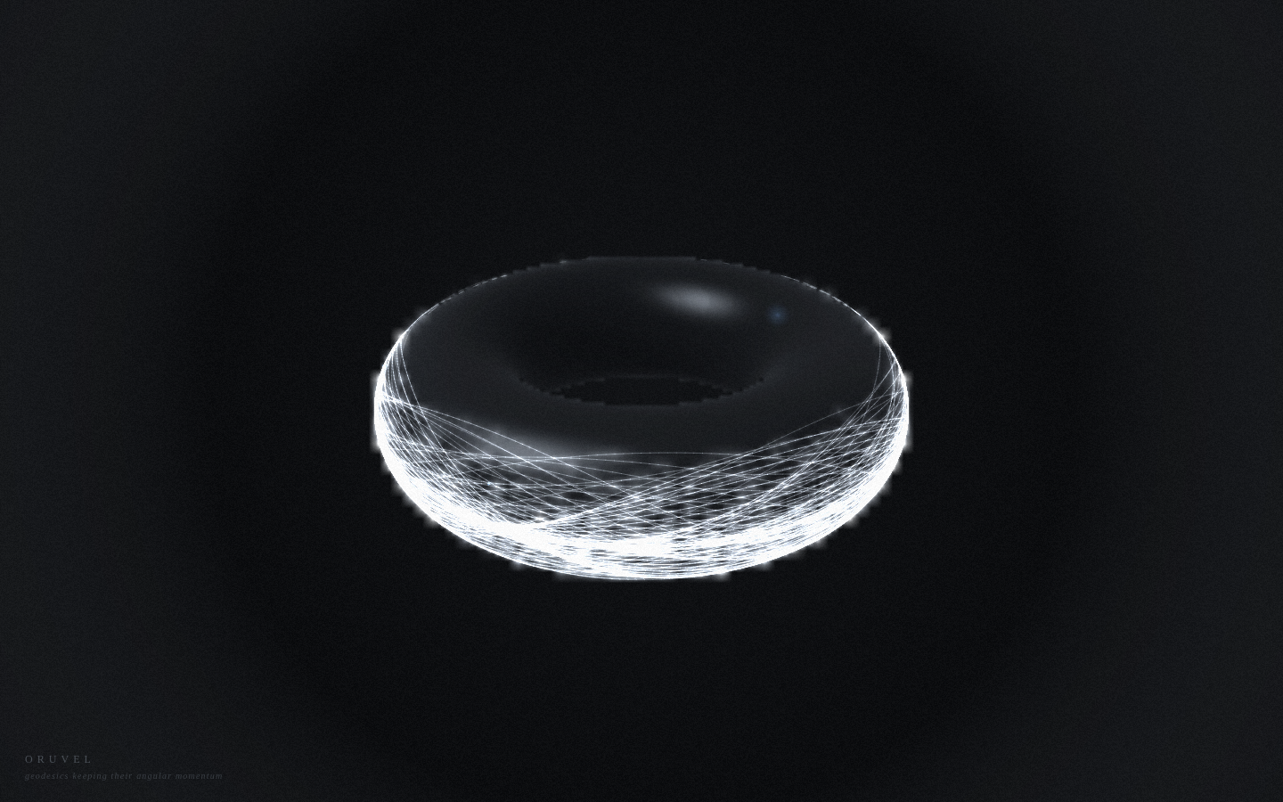 Oruvel after one click: silver-white threads on a darker torus, stepped inner rim, same wordmark