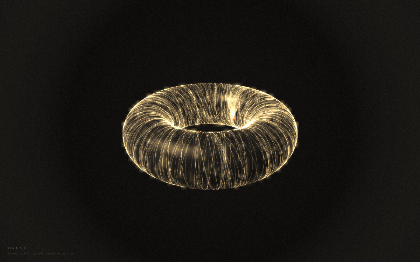 Oruvel at five seconds: one gold torus of filament threads on black, ORUVEL and a five-word subtitle at the lower left