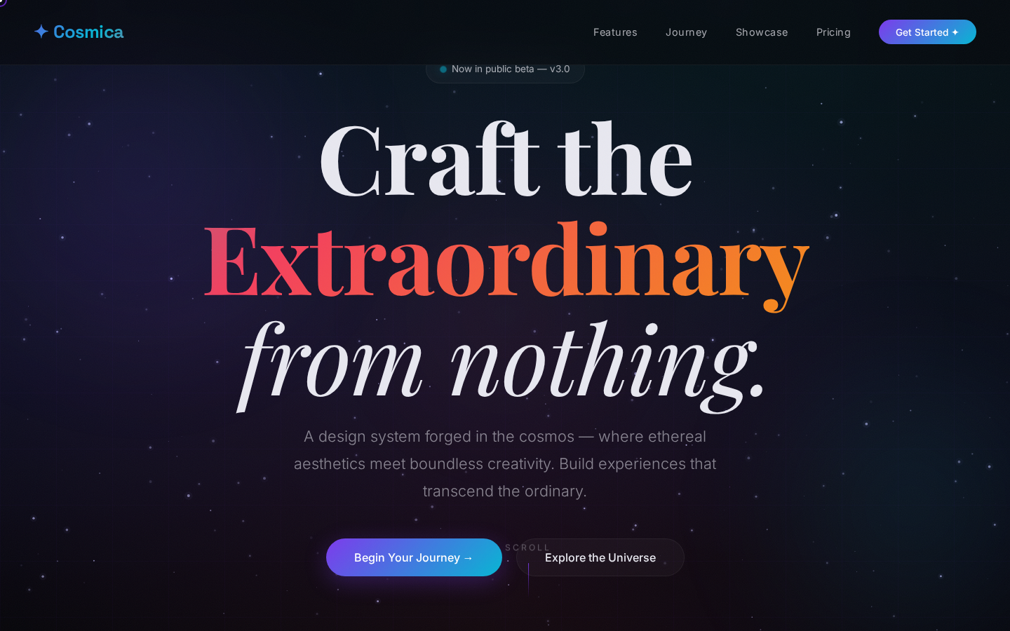 Cosmica: navy field, Cosmica wordmark, Craft the Extraordinary from nothing., Begin Your Journey and Explore the Universe