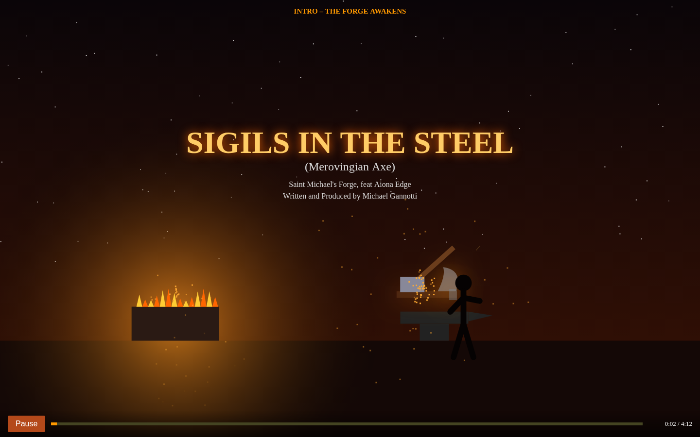Playback: stick figure at an anvil, orange rectangle forge, lyric line, Pause