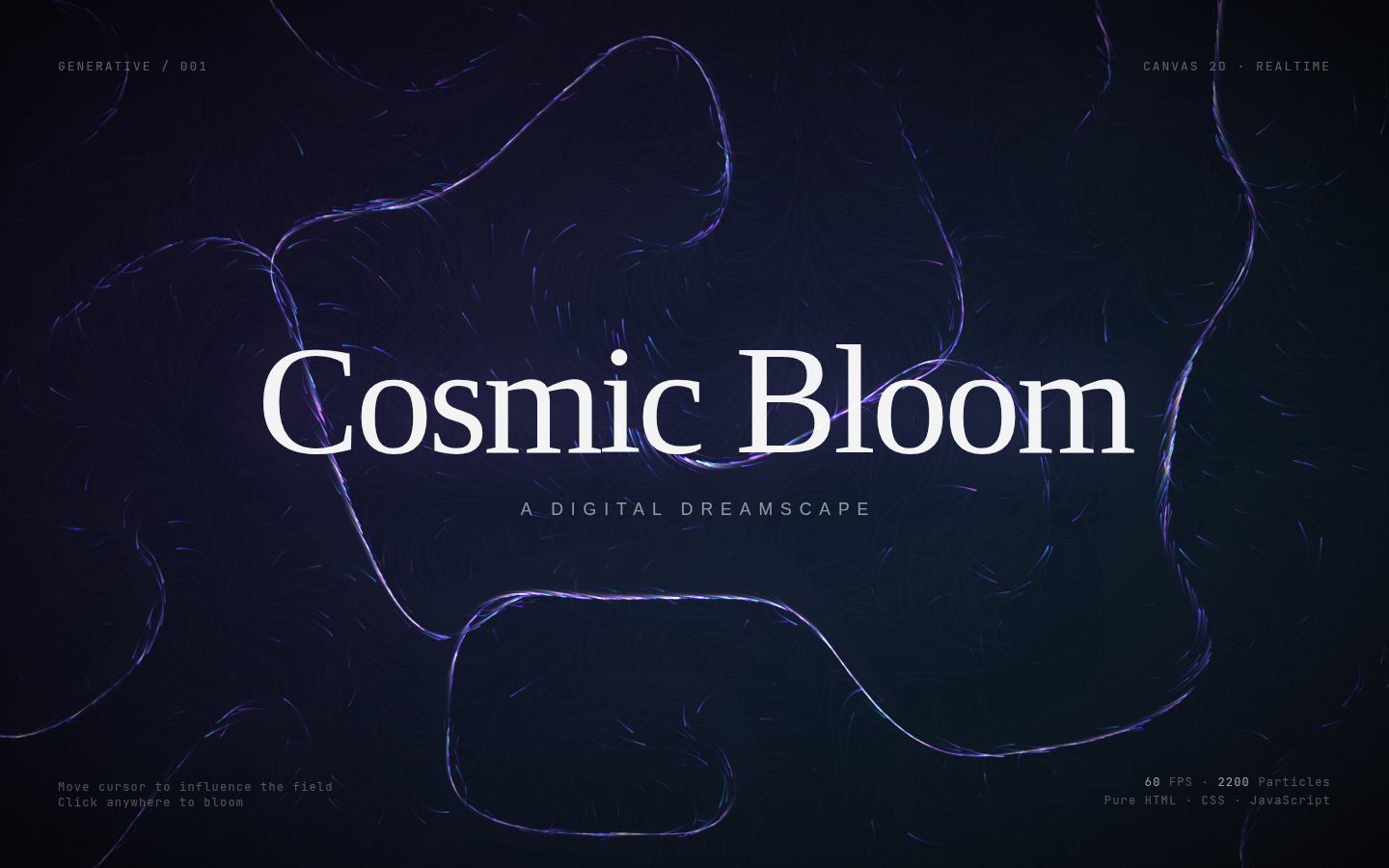Cosmic Bloom at five seconds: dark navy field, violet filament loops, white serif title, corner HUD