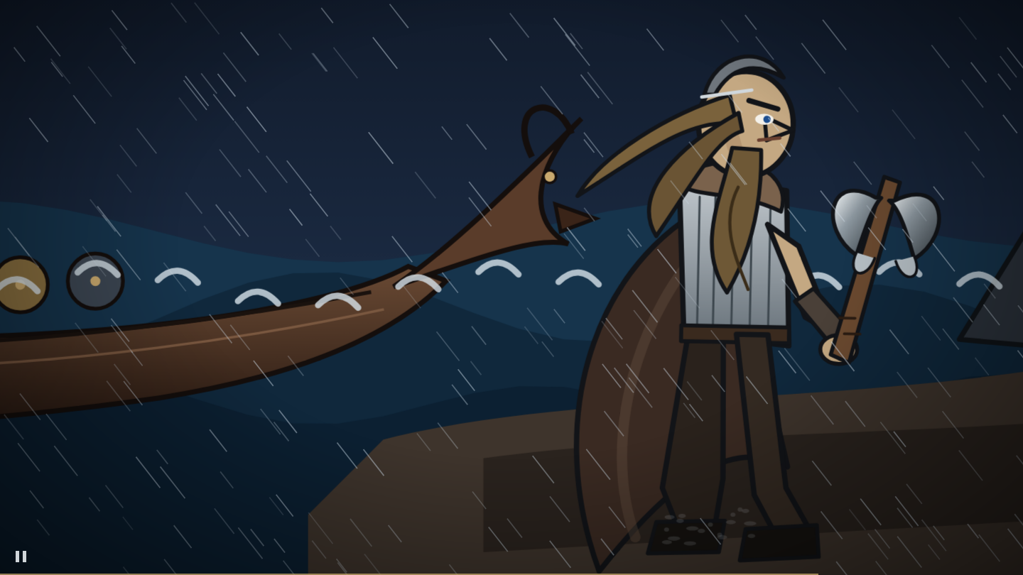 Stance at twenty-four seconds: cloaked warrior, axe in hand, ship behind, rain