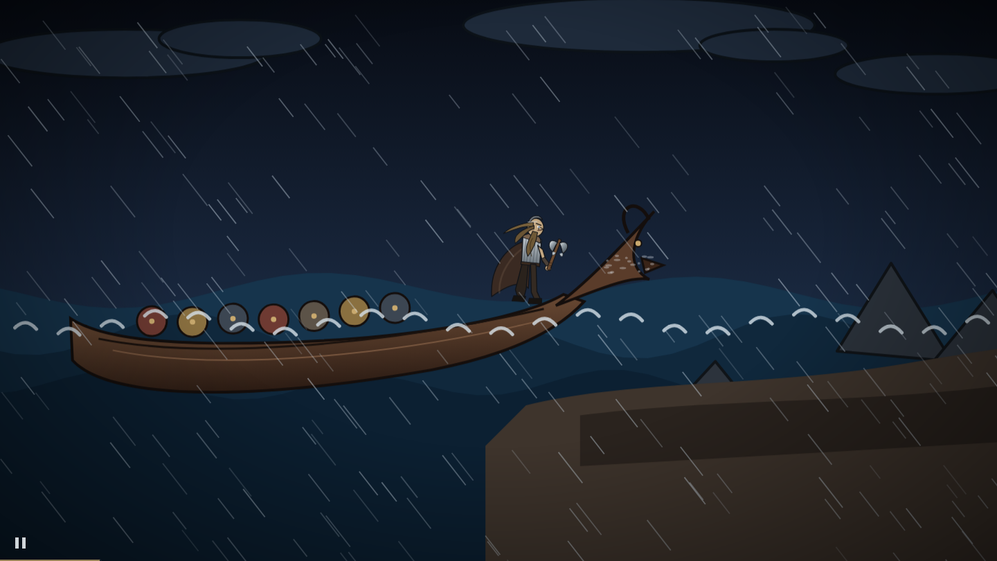Wide shot at three seconds: longship, dragon prow, shields, a small figure on deck, rain