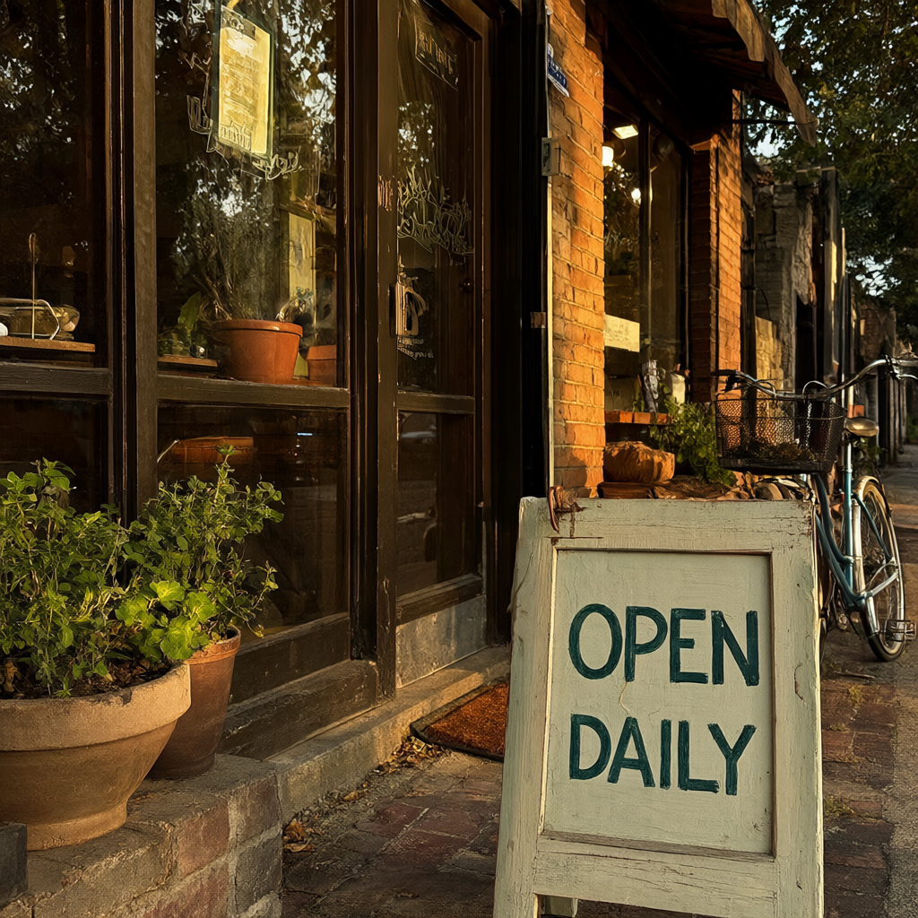 Qwen-Image-2.1 bakery. A sidewalk board reads OPEN DAILY. One bicycle is behind it.