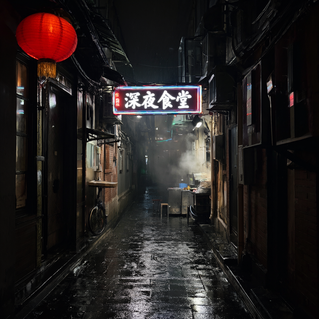 Qwen-Image-2.1 alley. The neon sign reads 深夜食堂.
