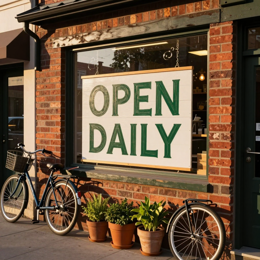 Z-Image Turbo bakery. The sign reads OPEN DAILY. Two bicycles are in the frame.