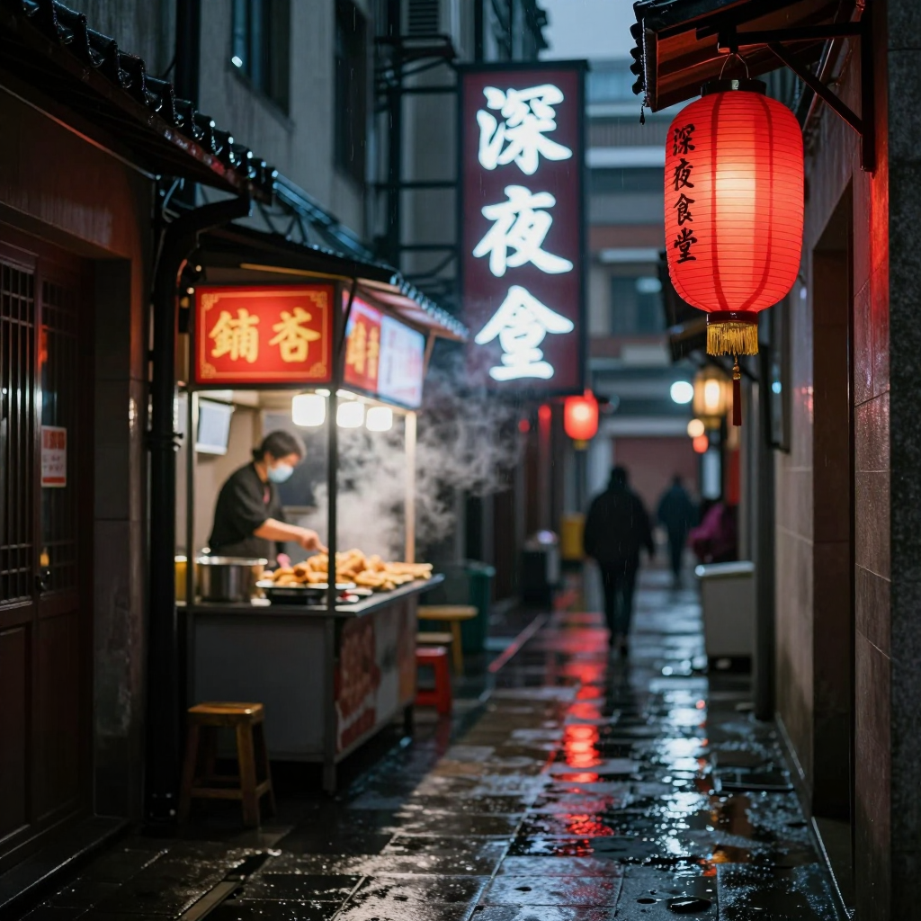 Z-Image Turbo alley. The lantern reads the requested phrase. The vertical neon does not.