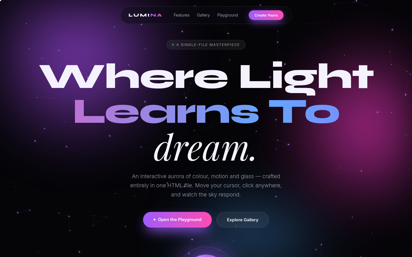 LUMINA at five seconds: violet and magenta field, constellation lines, white headline, two pills