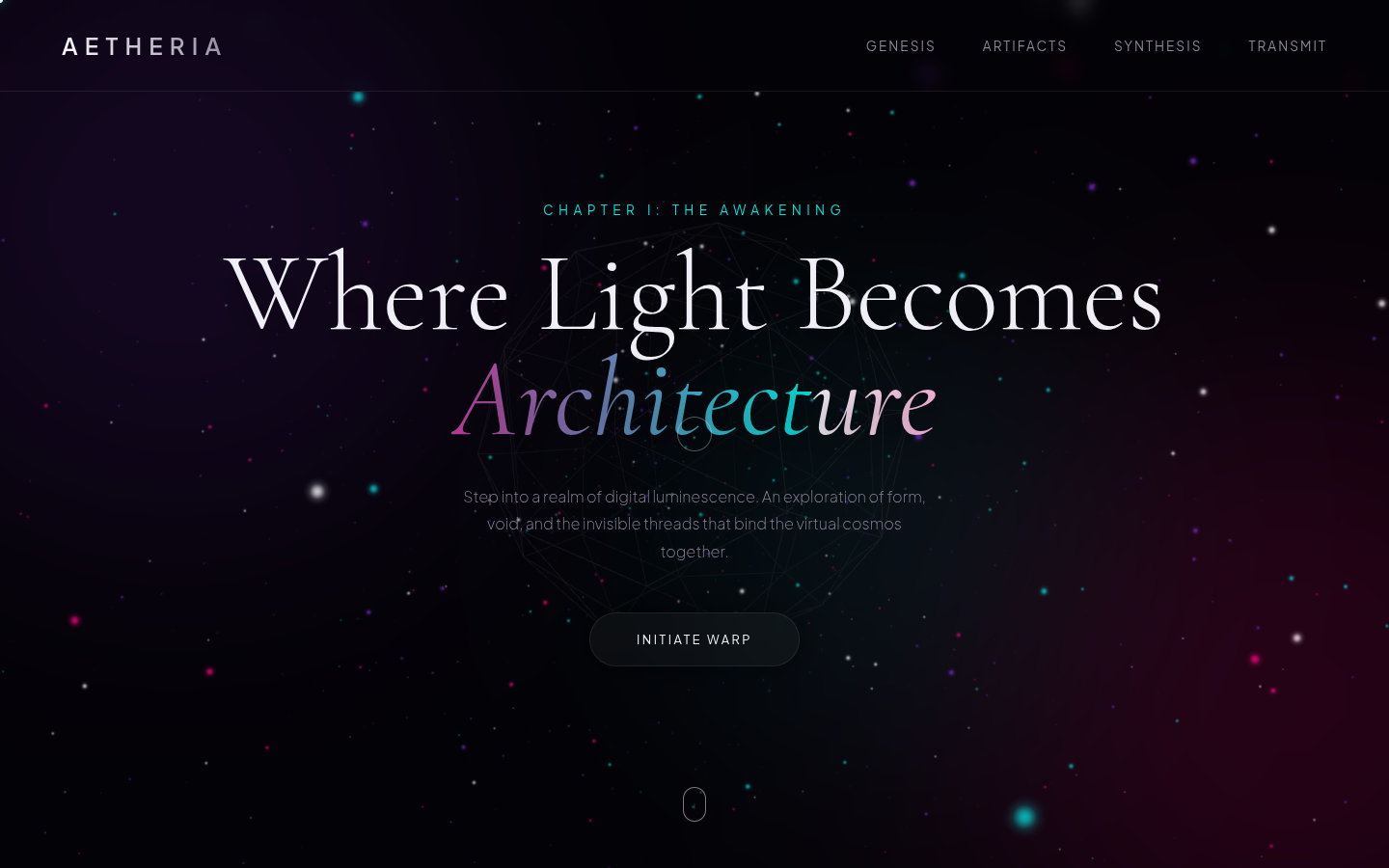 AETHERIA at five seconds: dark field, wireframe solid, white serif headline, Initiate Warp