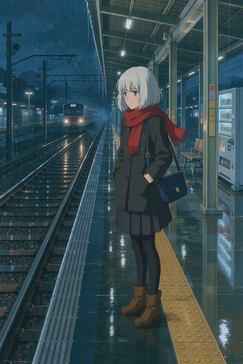 Anime still: silver bob, red scarf, wet night platform, a train in the distance