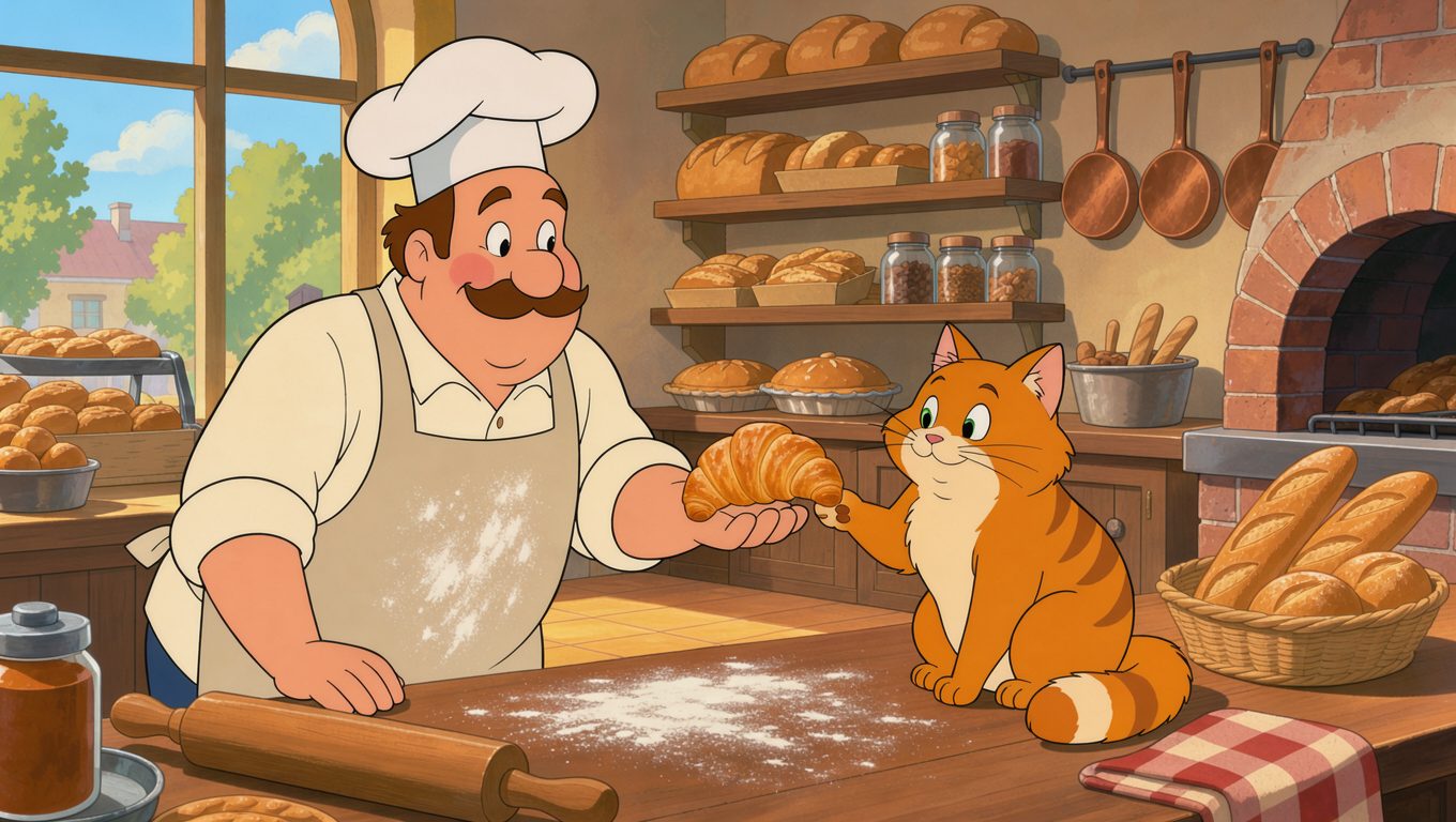2D cartoon bakery: a baker hands a croissant to an orange cat