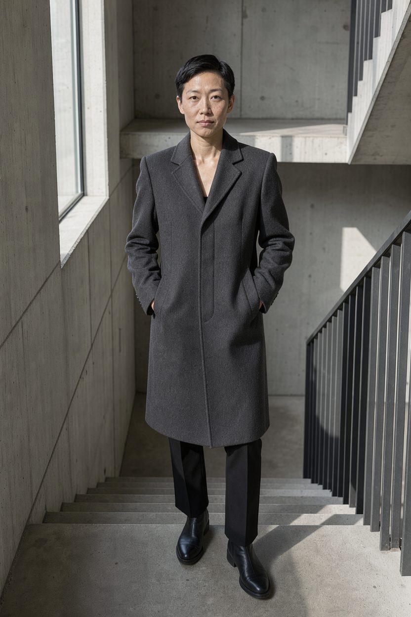 Photoreal person in a charcoal coat on a concrete stair, hands in pockets