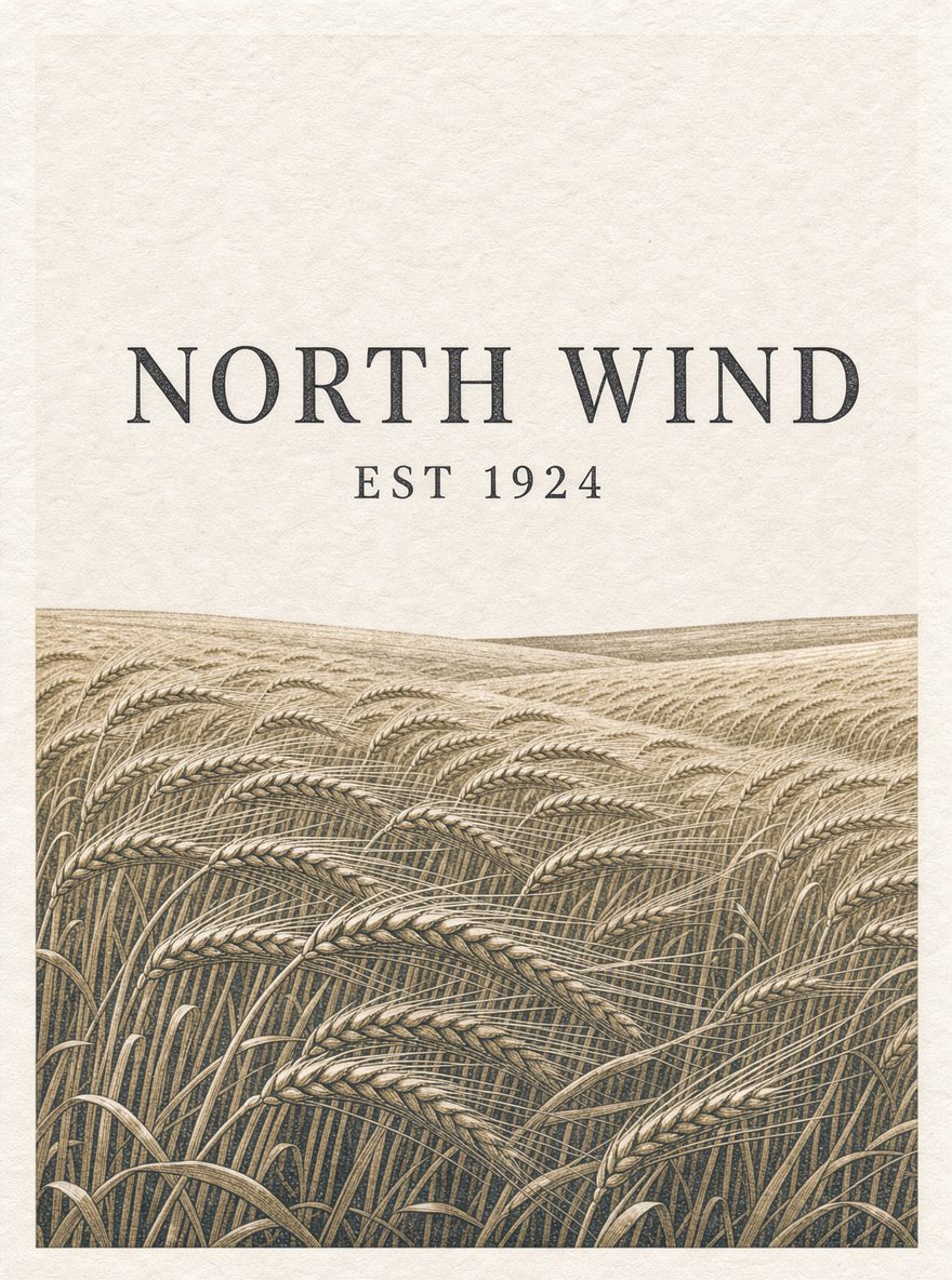 Poster with the words NORTH WIND and EST 1924 over a wheat field