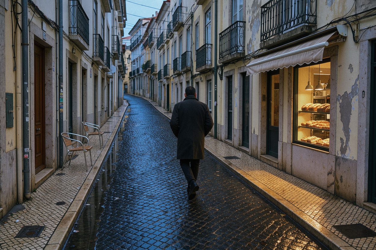 Wet cobbled street at blue hour, a person in a dark coat walking away, a lit bakery window on the right