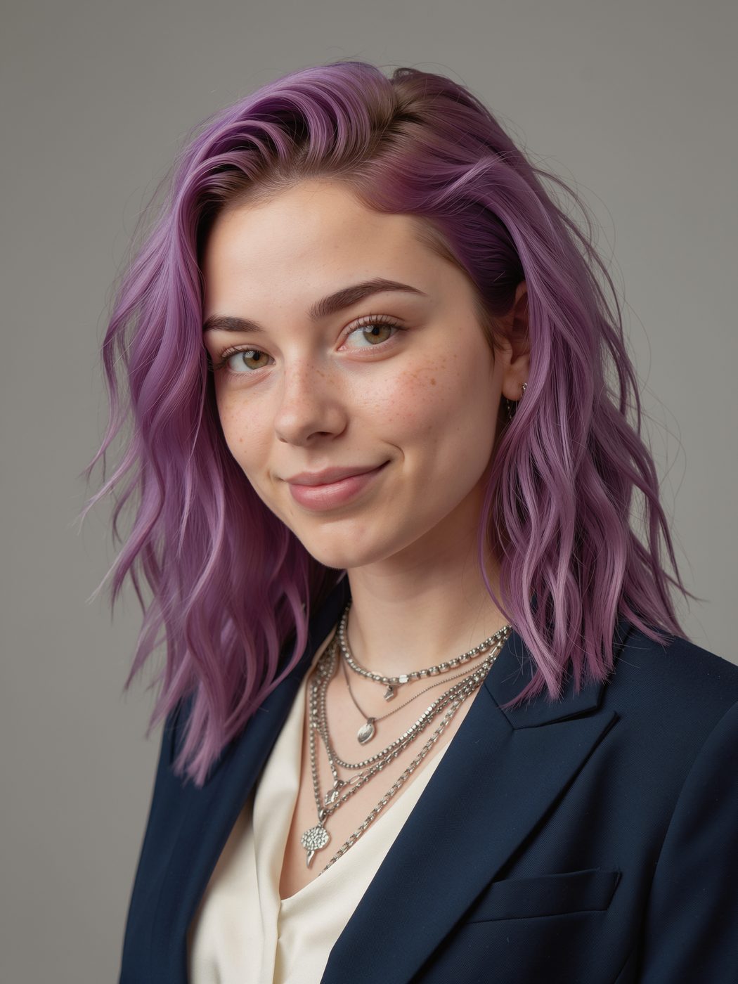 Studio portrait: purple hair, freckles, navy blazer, ivory blouse, plain gray background