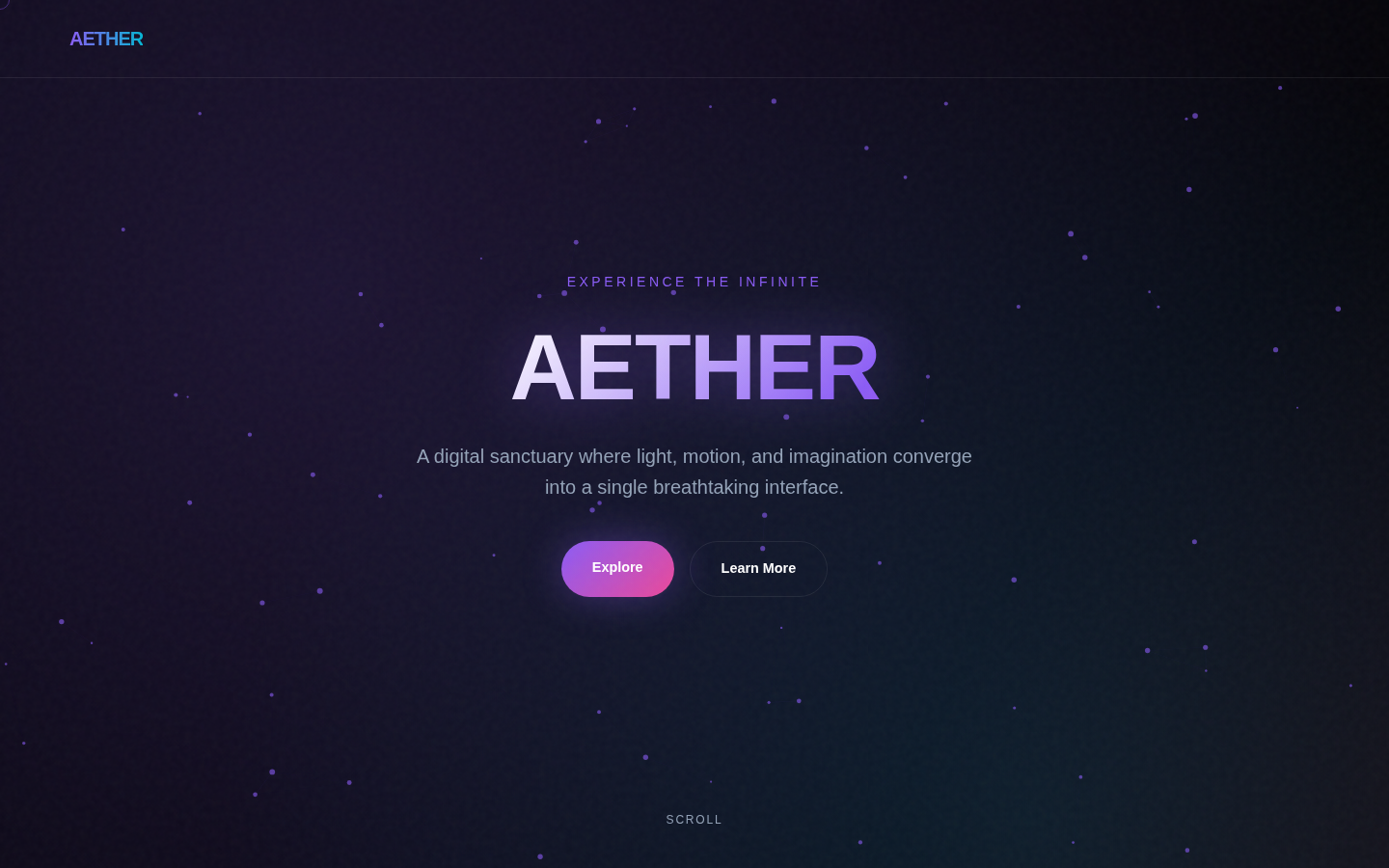 AETHER at five seconds: dark field, violet dots, white-to-violet headline, Explore and Learn More