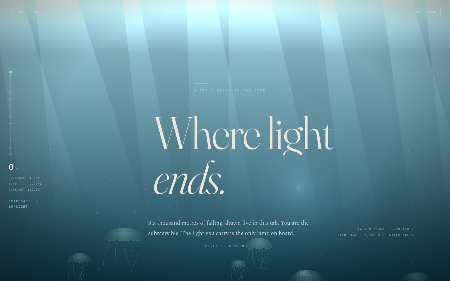 Where Light Ends at 2.5 seconds: blue water, pale beams, cream headline, jellyfish outlines, a sound button