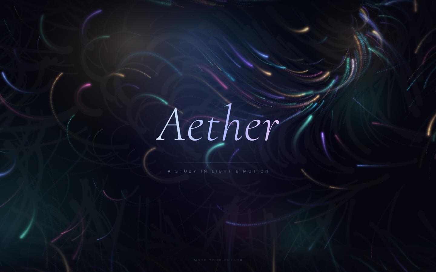 Aether at 2.5 seconds: dark field, pale italic Aether, thin rule, small caps subtitle, colored particle trails