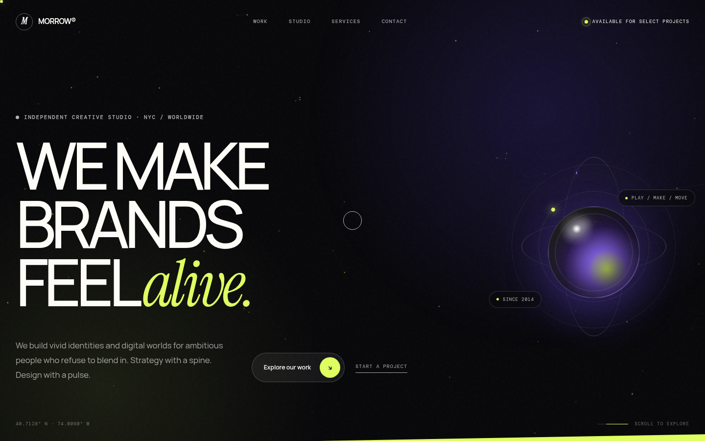 Morrow at 2.5 seconds: dark studio hero, white stacked headline, italic lime alive, purple orb with orbital rings on the right