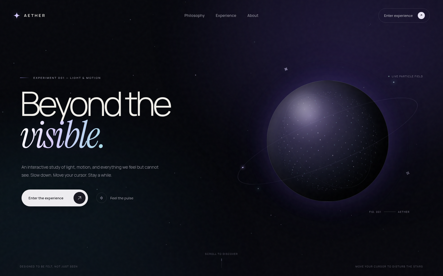 Aether at 2.5 seconds: dark field, stacked headline, particle orb with a thin ring on the right