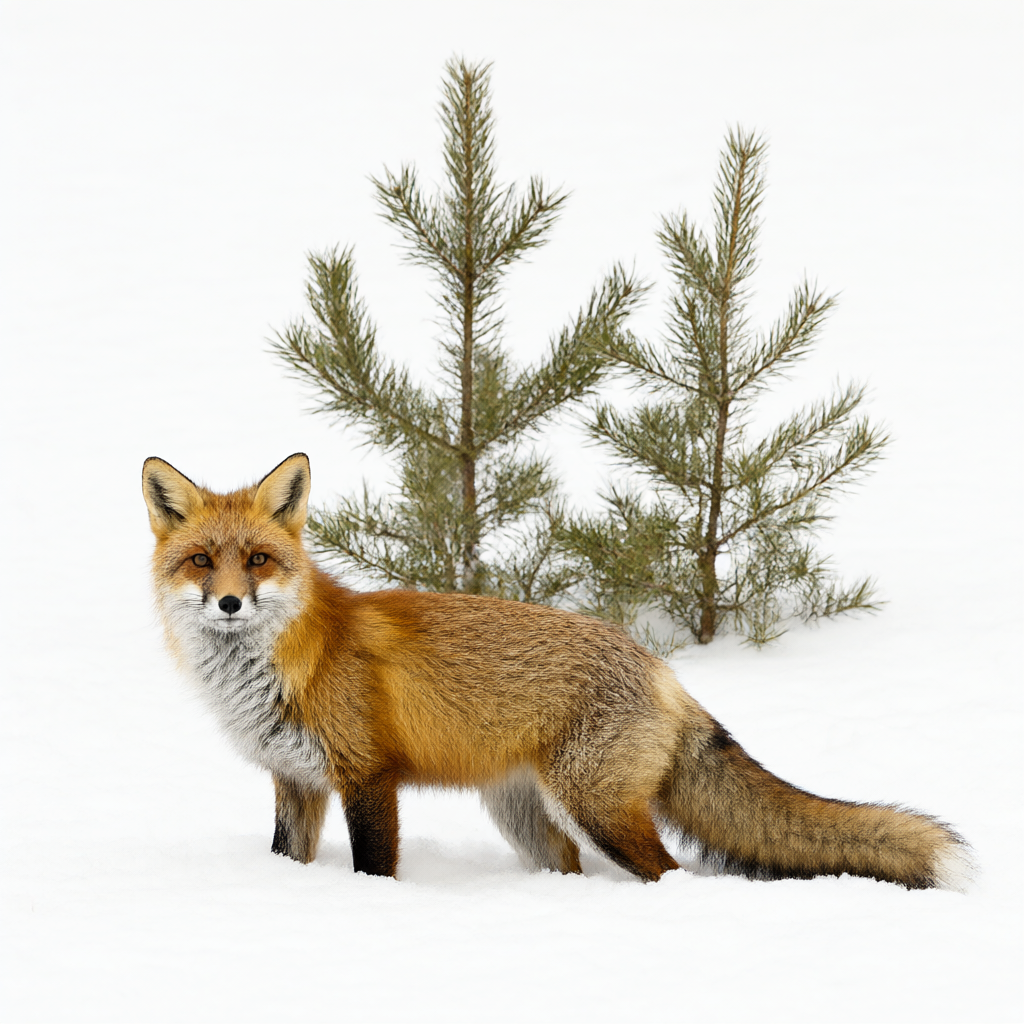 Red fox in snow. The prompt asked for three pines. Two are in the frame. No text.