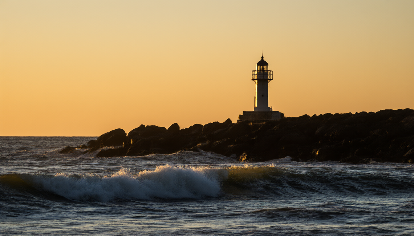 Installer still: a lighthouse on rocks at sunrise. No text in the frame.