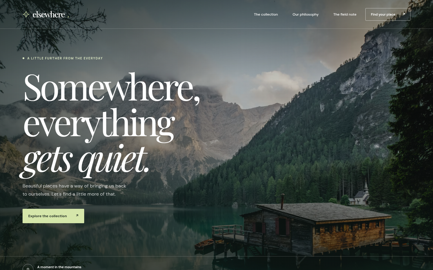 Elsewhere at 4 seconds: misted mountain lake, wooden boathouse, serif headline Somewhere, everything gets quiet.