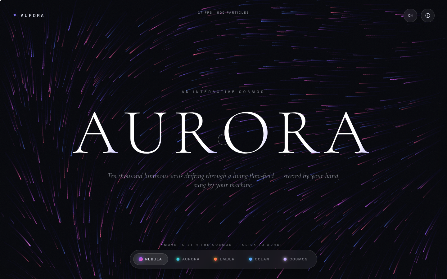 AURORA at 4 seconds: dark field, pink and blue particle streaks, serif headline, realm dock.