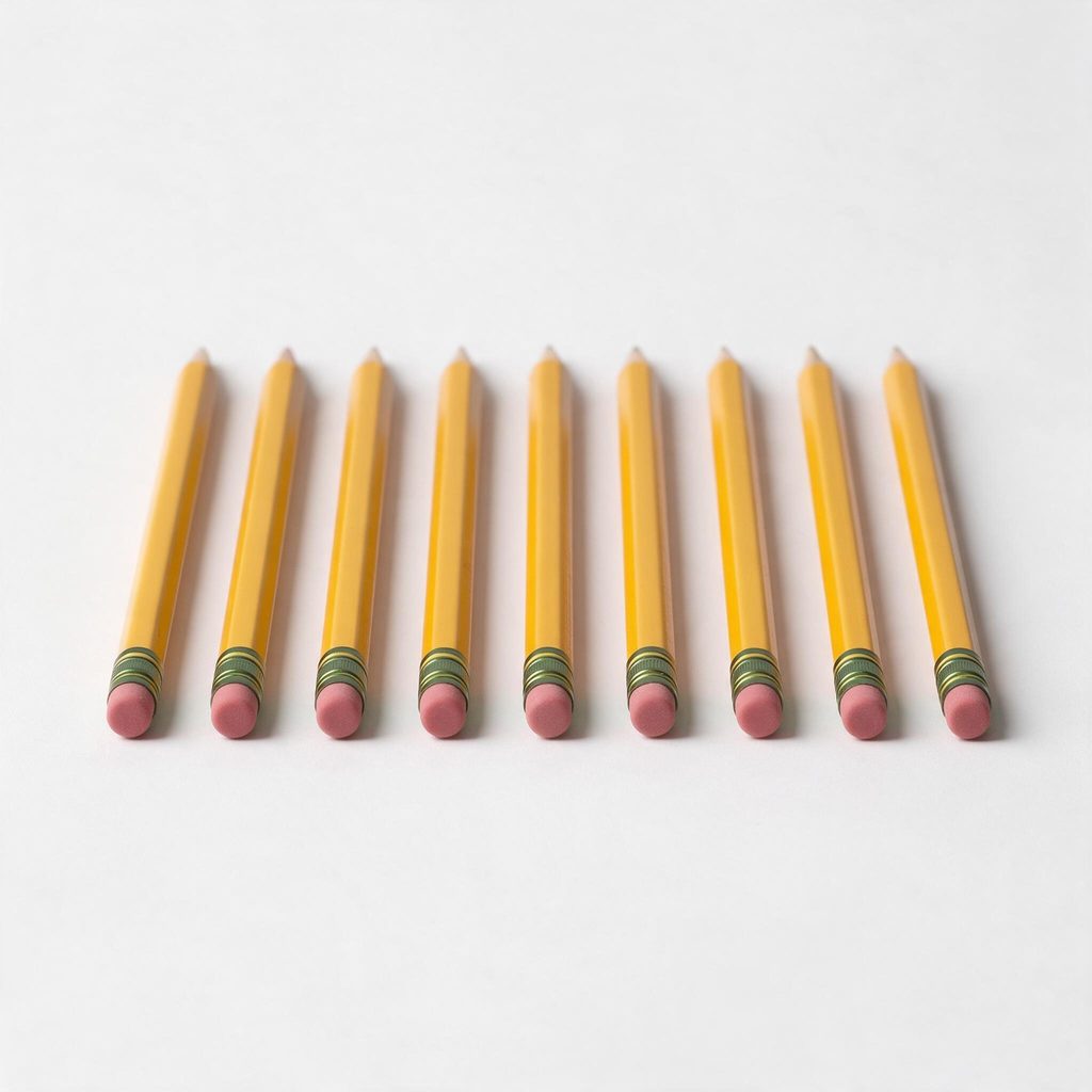 Nine yellow pencils standing in one horizontal line