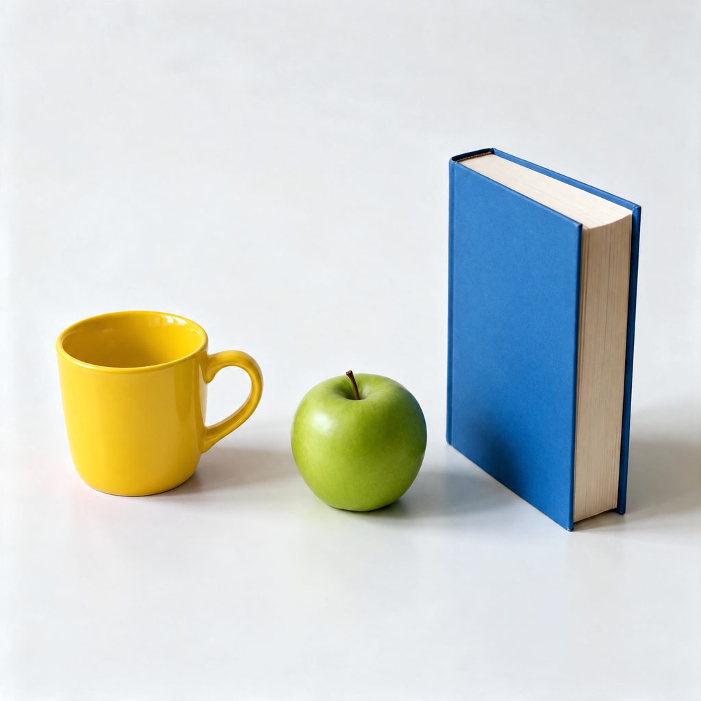 Yellow mug, green apple, blue book