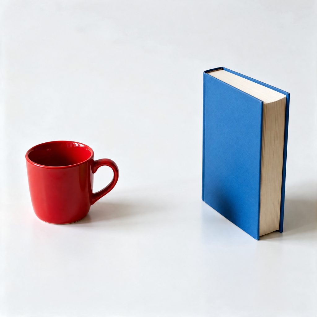 Red mug and blue book, apple removed